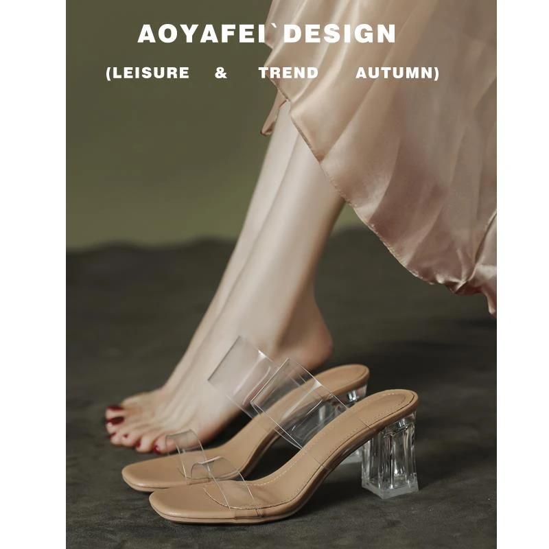 cihii设计小羊皮透明凉鞋夏季平底中跟粗跟高跟鞋凉拖鞋女外穿