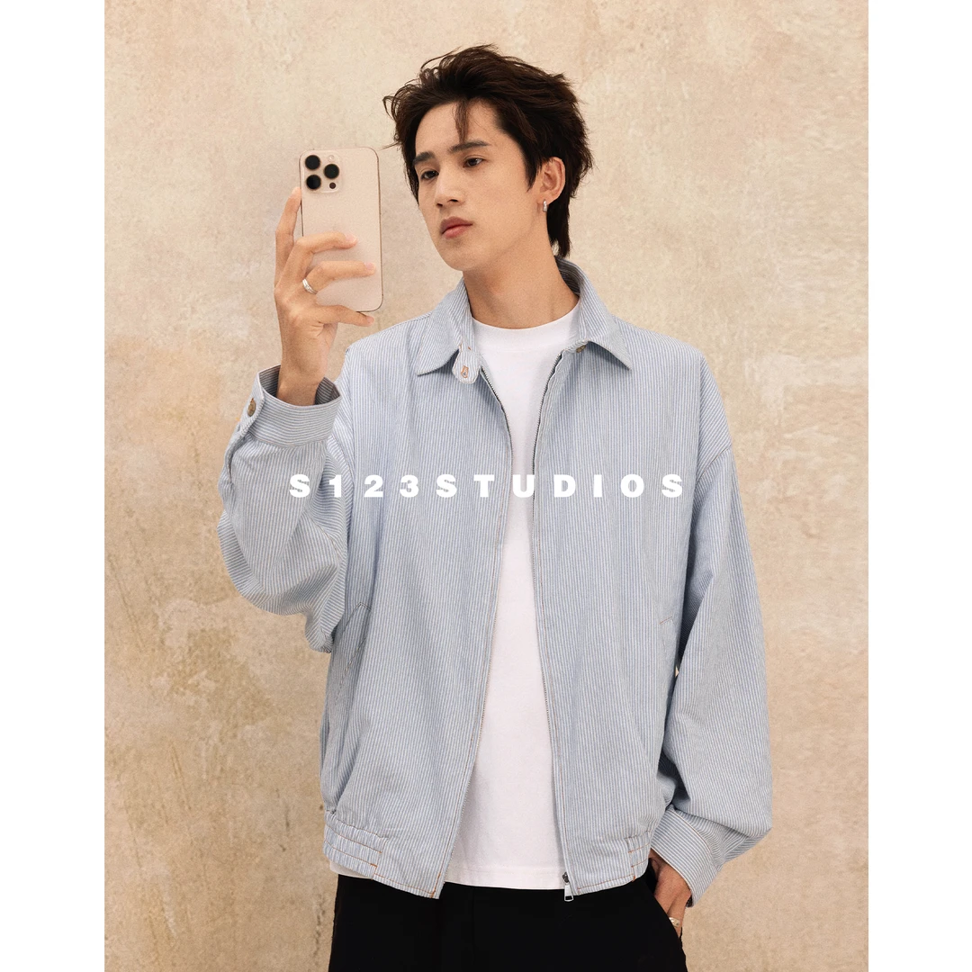 聪明陈2025早秋新品 轻薄蓝白条纹翻领夹克男女潮流百搭哈灵顿外
