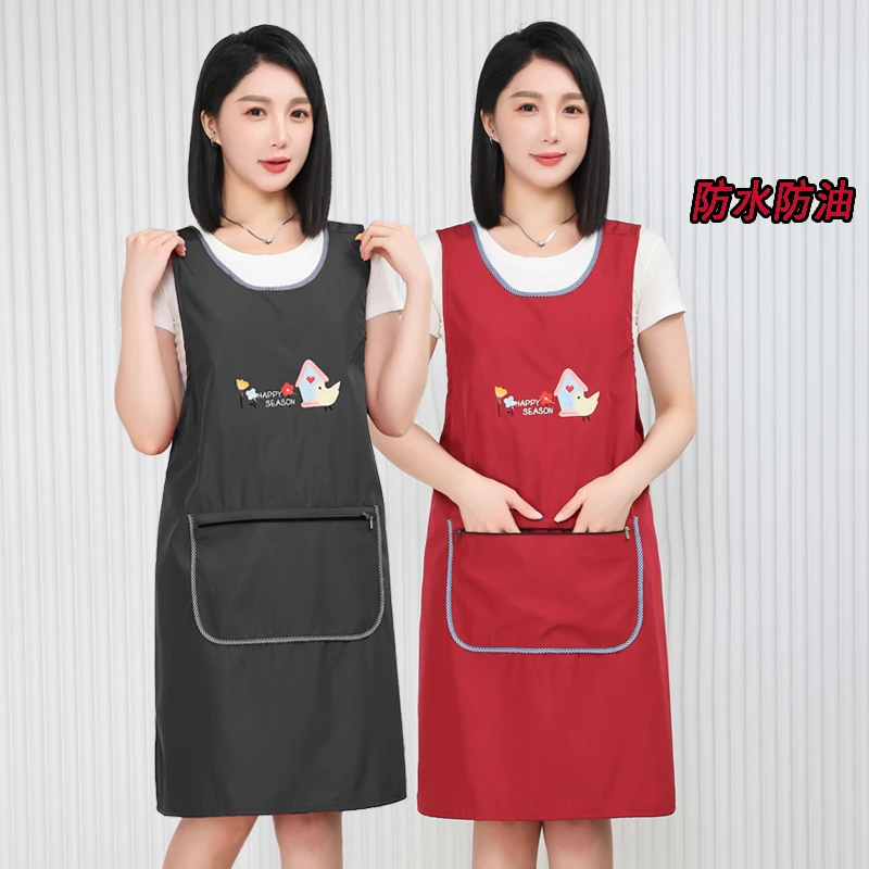 新款时尚防水围裙透气家用做饭餐厅防污罩衣无袖上班工作服背带款