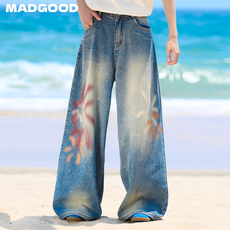 madgood马得工地日系夏怀旧牛仔渲染烟花印花牛仔裤MDGDCK252392