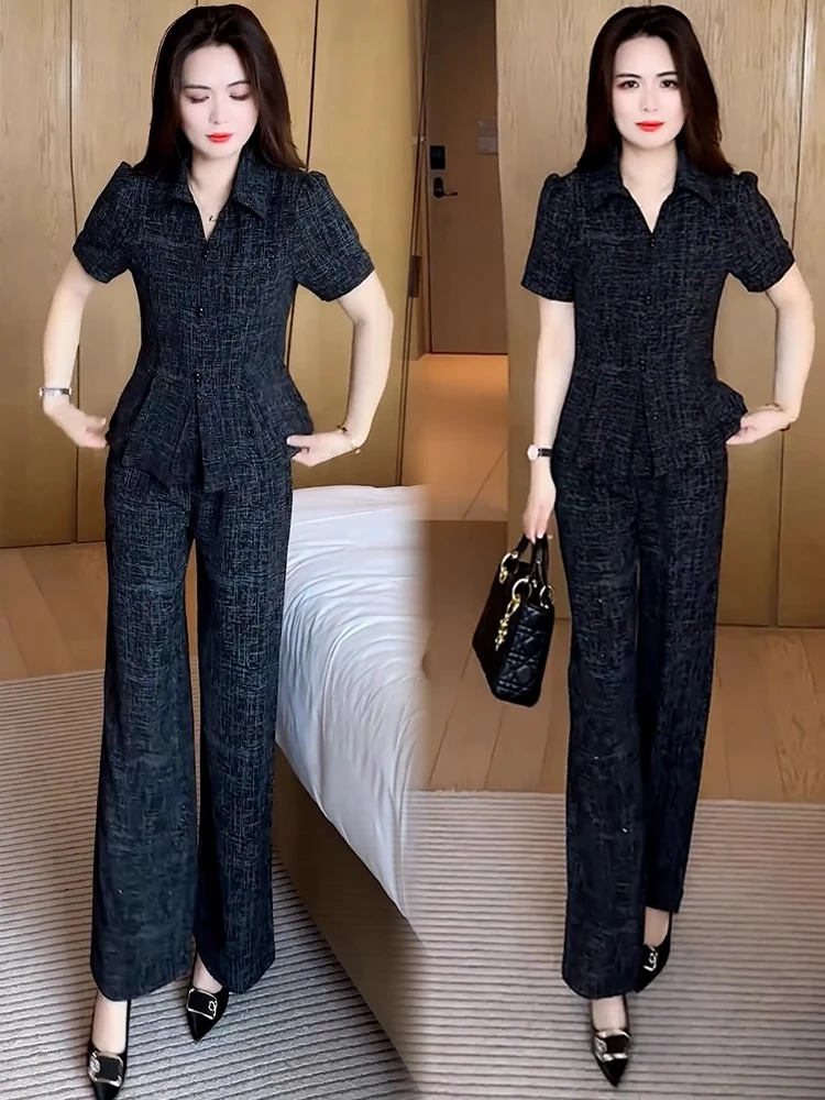 时尚套装女2025夏季新款洋气显瘦减龄V领短袖上衣阔腿裤两件套潮