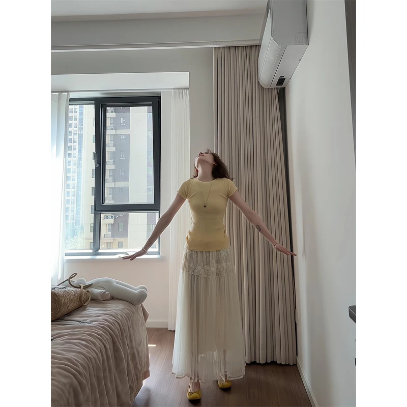 圆领修身短袖T恤奶黄色针织上衣立体花朵网纱半身裙超仙仙女长裙
