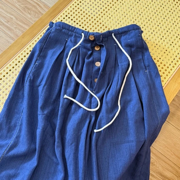 夏季新款汉麻宽松单排扣直筒九分裤