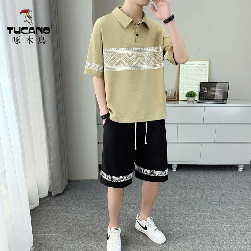 啄木鸟薄款夏季新款潮流T恤短裤套装男士时尚宽松百高英伦风ins