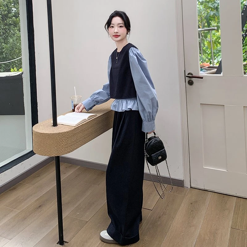 早春穿搭一整套女装2025年春秋新款拼接上衣套装高腰阔腿裤两件套