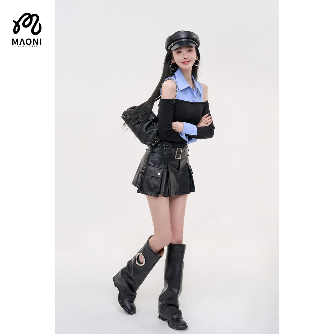 毛妮LADIESFIRST【吸睛肩线】衬衫领露肩假两件拼接上衣早秋L2264