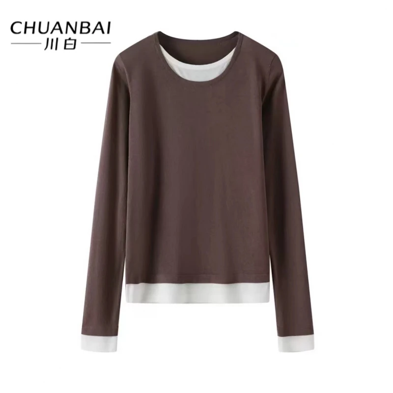 CHUANBAI 川白春季新款桑蚕丝纯色轻奢时尚圆领套头假两件针织衫