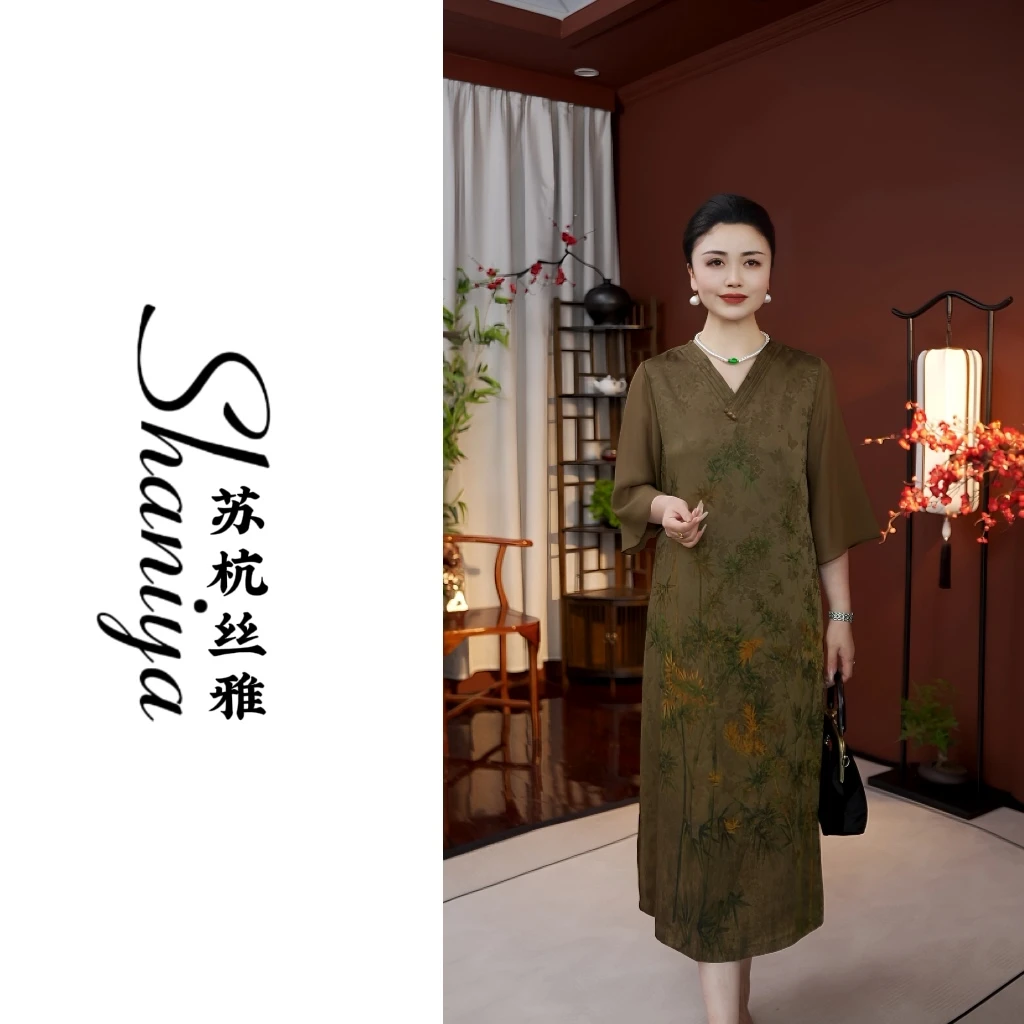 [竹叶青]A字裙V领琉璃珠不褪色网纱袖连衣裙国风优雅气质妈妈装