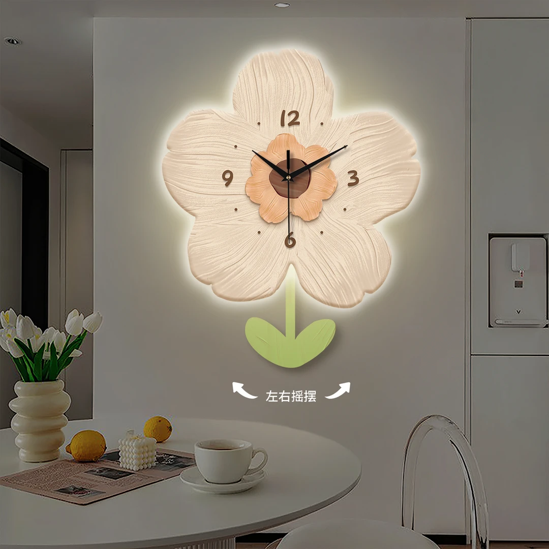 客厅家用网红挂钟花卉中式挂墙钟表餐厅免打孔装饰画卧室挂表时钟