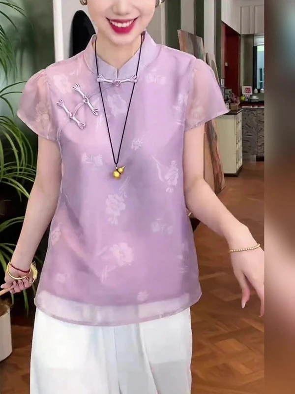 新中式斜襟盘扣设计感复古风粉色叠层衬衫夏季轻奢时髦半立领上衣