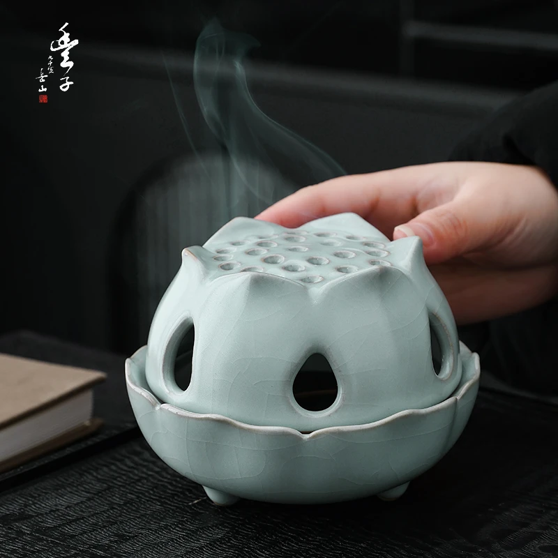 台湾丰子汝窑莲花香炉家用室内茶道沉檀香古手工莲花香篆炉