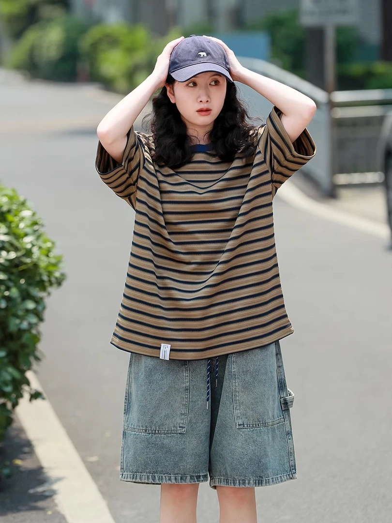 cityboy夏季少年感条纹撞色五分袖T恤女学生洋气百搭潮牌运动短袖