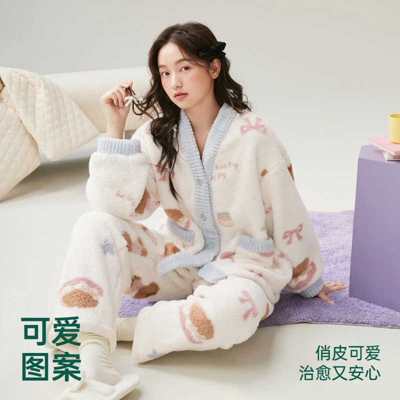 安之伴【巨保暖】双面安蕊绒冬季睡衣女保暖家居服套装82541322095