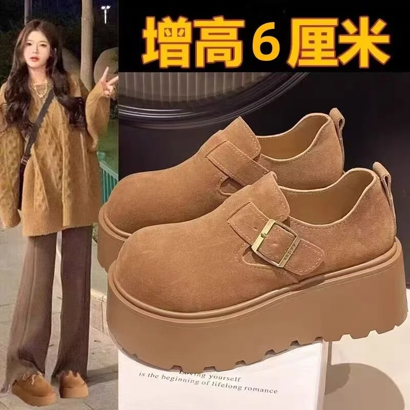 厚底增高复古单鞋女2025年春季新款圆头小个子一脚蹬乐福鞋女鞋子