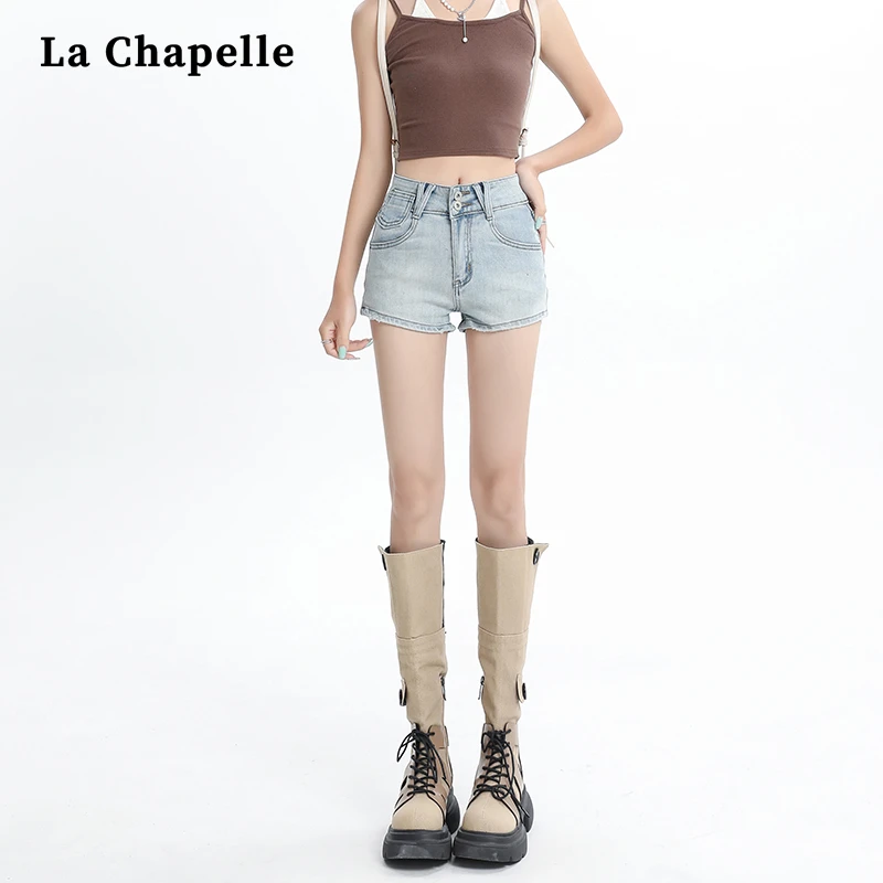 拉夏贝尔时尚牛仔超短裤女2025年夏季新款高腰显瘦紧身弹力热裤子