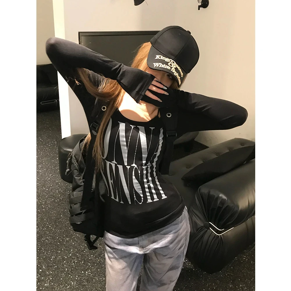 早春纯欲风甜酷辣妹长袖T恤女修身显瘦简约百搭字母印花上衣ins潮