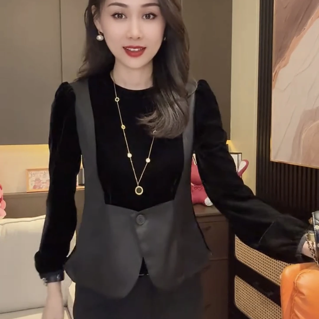 长袖拼接常规款纯色圆领常规T恤打底衫丝绒收腰百搭