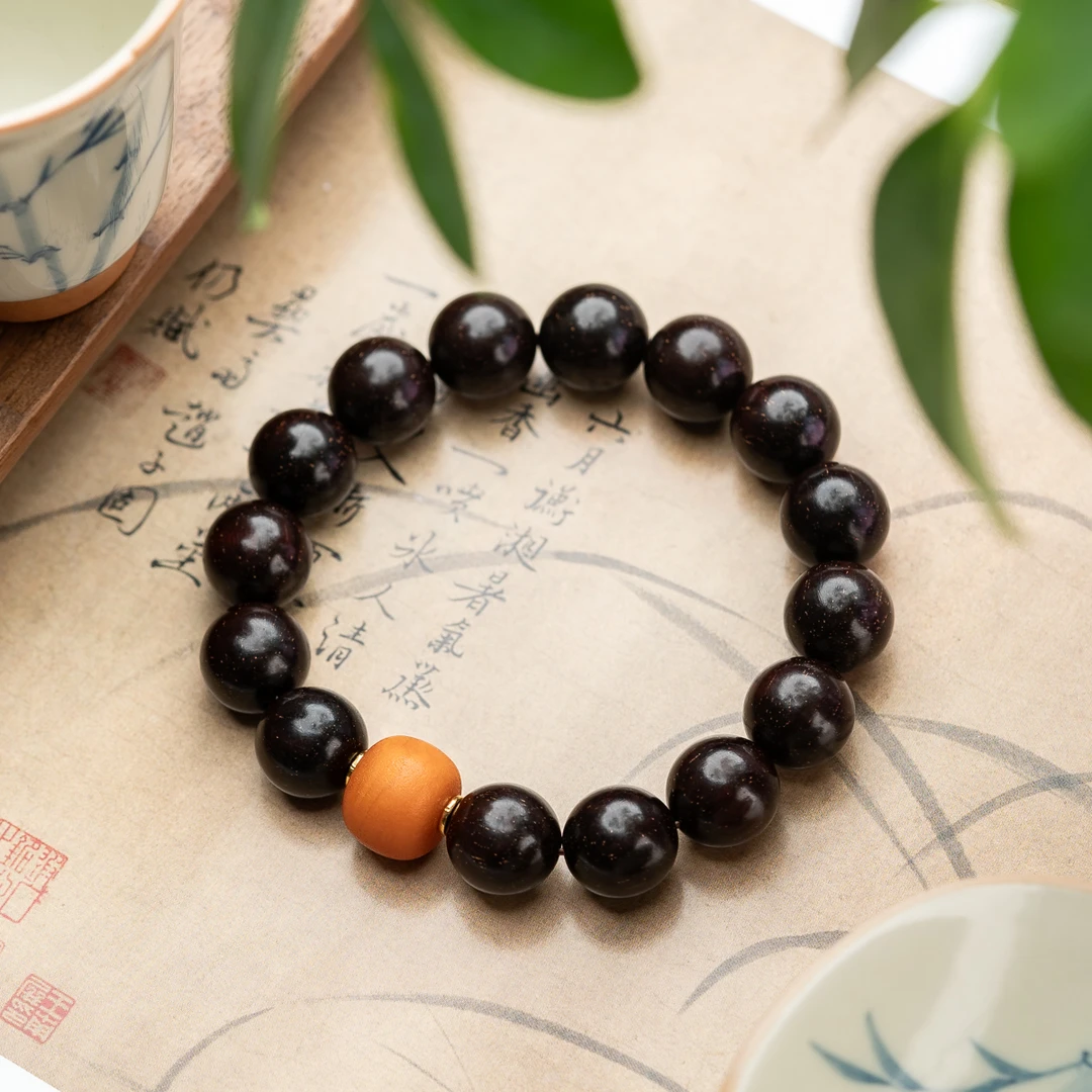 小叶紫檀爆星12mm老蜜蜡饼子单圈手串