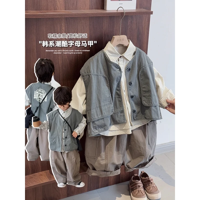 《秋上新》韩版儿童拼接双层坎肩24QL942男童女童背后印字母马甲