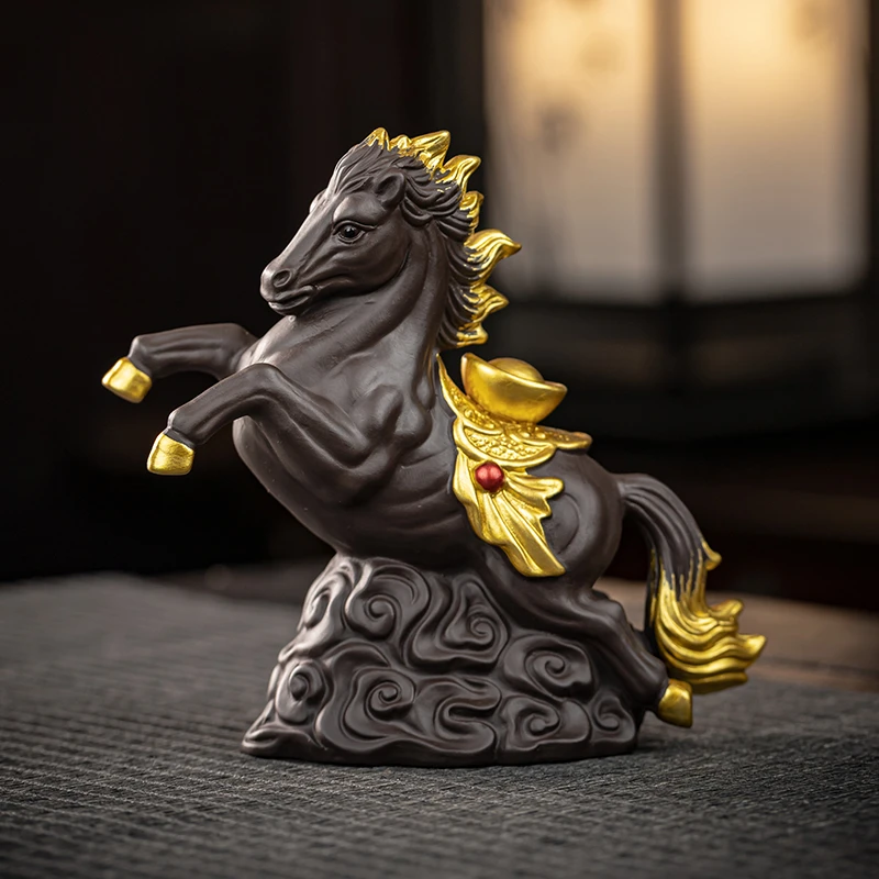 紫砂陶瓷手工雕刻“马上有钱”高级茶宠摆件家用泡茶桌面装饰小摆件