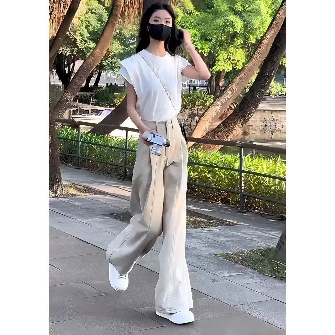 美式复古卡其色阔腿牛仔裤女2025夏季新款宽松显瘦垂感直筒拖地裤
