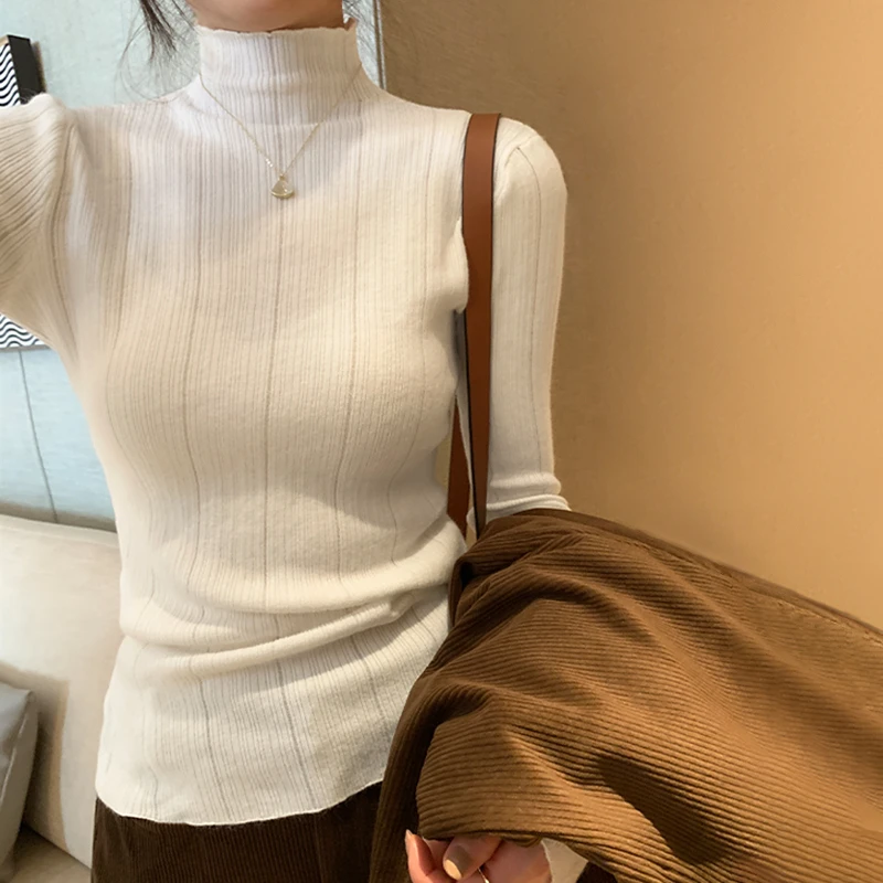 【Q】韩系粉色高领正肩长袖针织衫女2025秋冬新款减龄打底M155