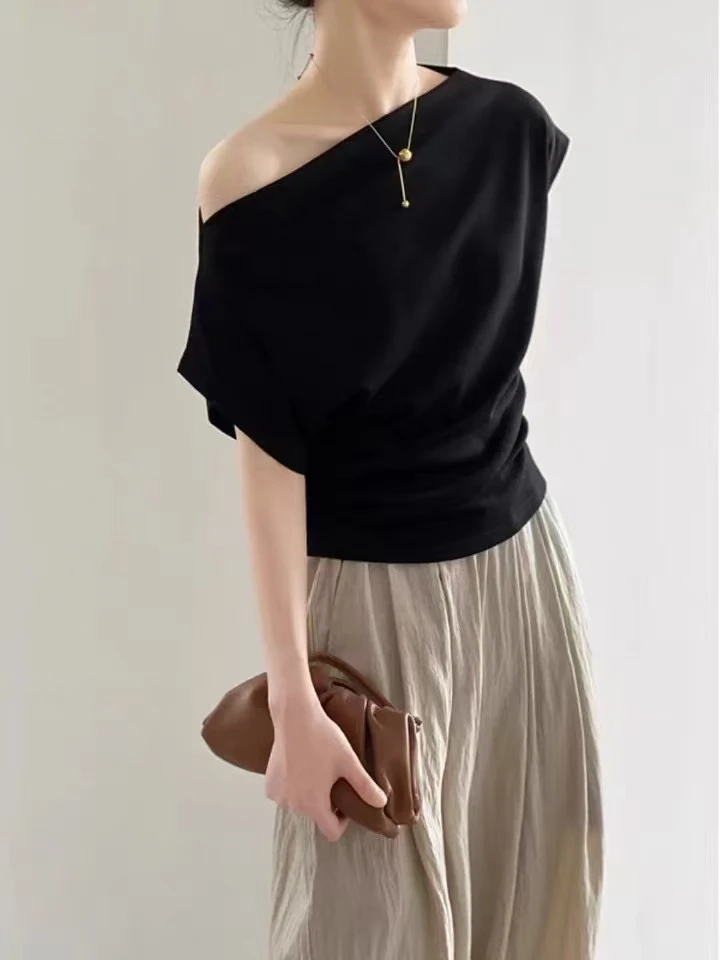 气质名媛一字领常规拼接T恤黑色百搭夏季一字肩小众