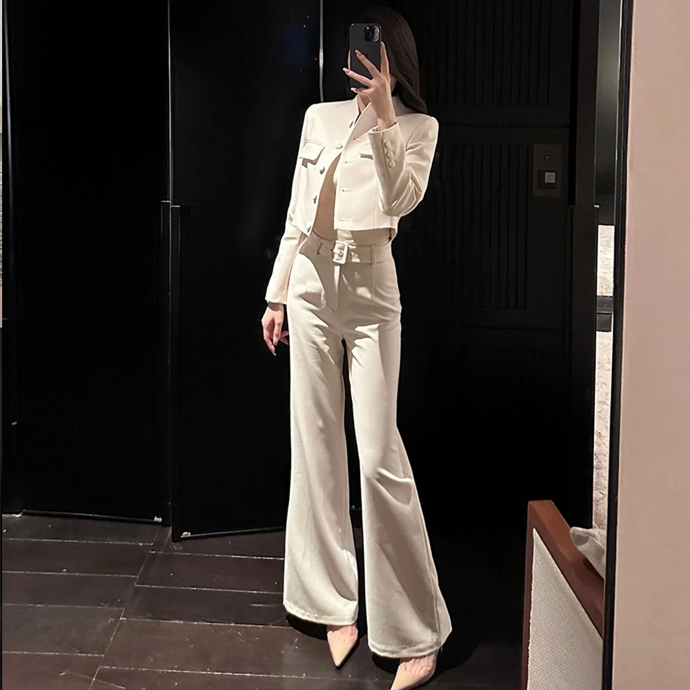 气质干练连领短款西服外套+含腰带阔腿裤高级感通勤套装女小香风