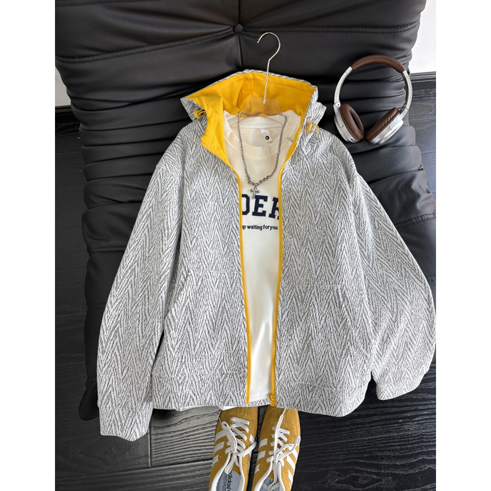 美式复古撞色连帽卫衣男女款秋冬设计感拼接外套潮牌情侣宽松帽衫