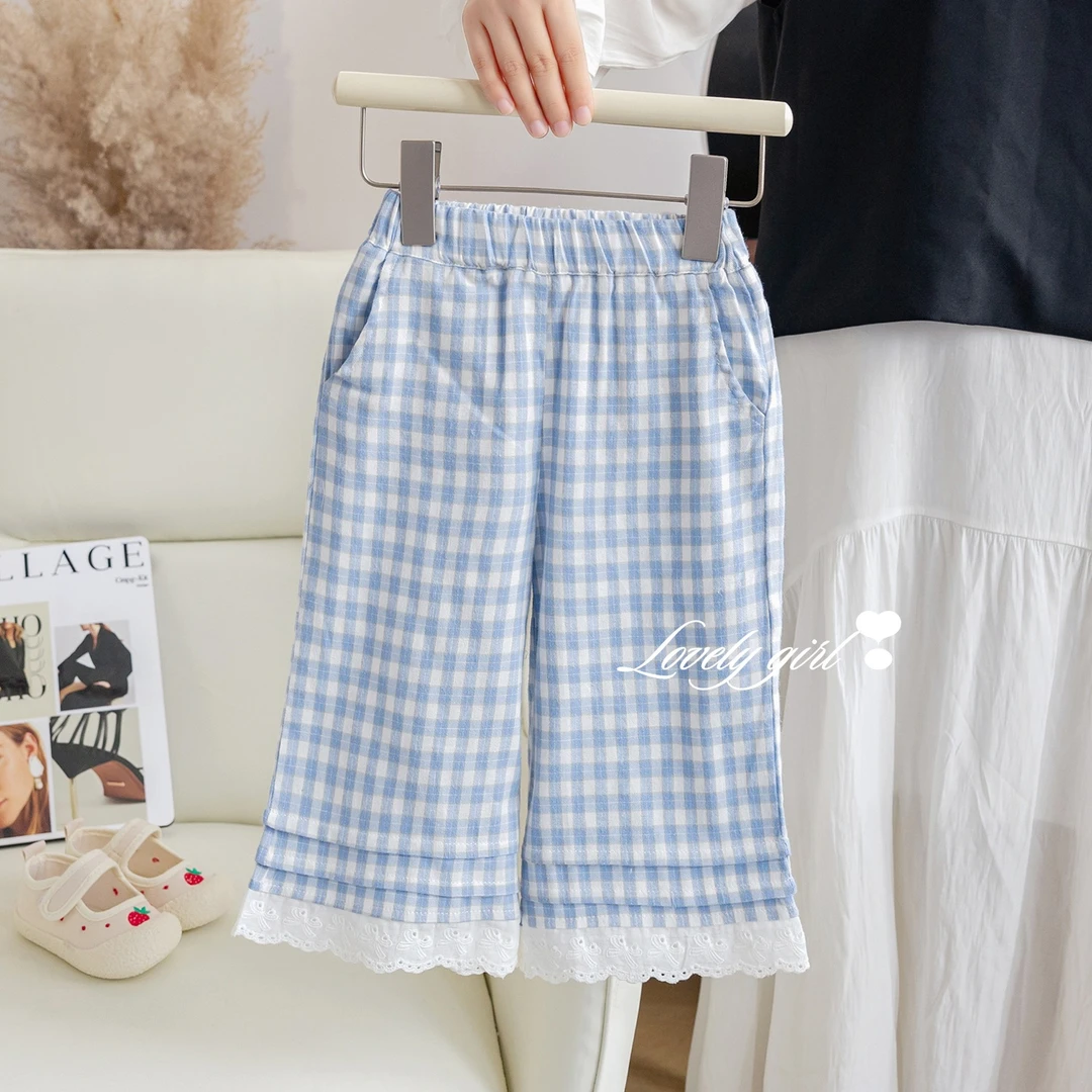 女童格子花边长裤2025夏季新款女宝宝春装裤子儿童装夏季防蚊裤潮