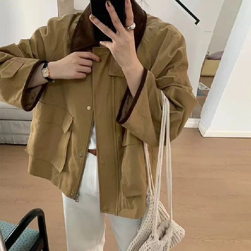 2025春季新款复古休闲撞色翻领短款显瘦夹克风衣外套女