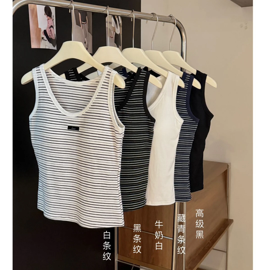 撞色条纹无袖背心女秋冬带胸垫修身显瘦百搭上衣针织外穿瑜伽大码