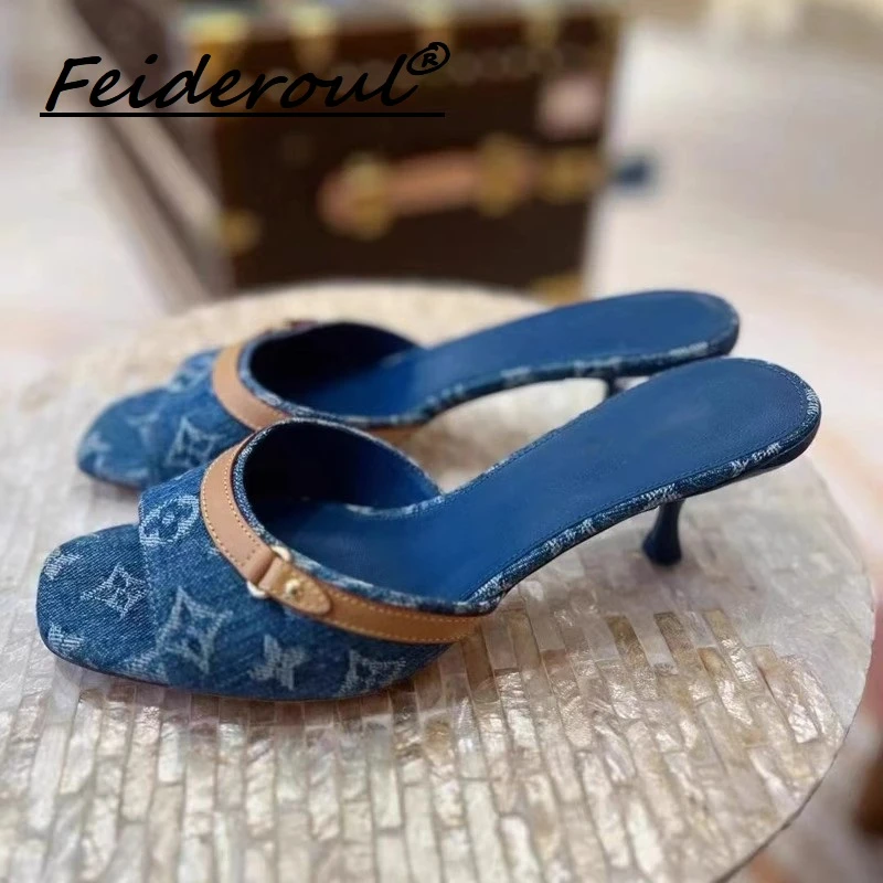 Feideroul欧美2025新款牛仔布高跟一字带露趾凉鞋印花细跟高跟鞋
