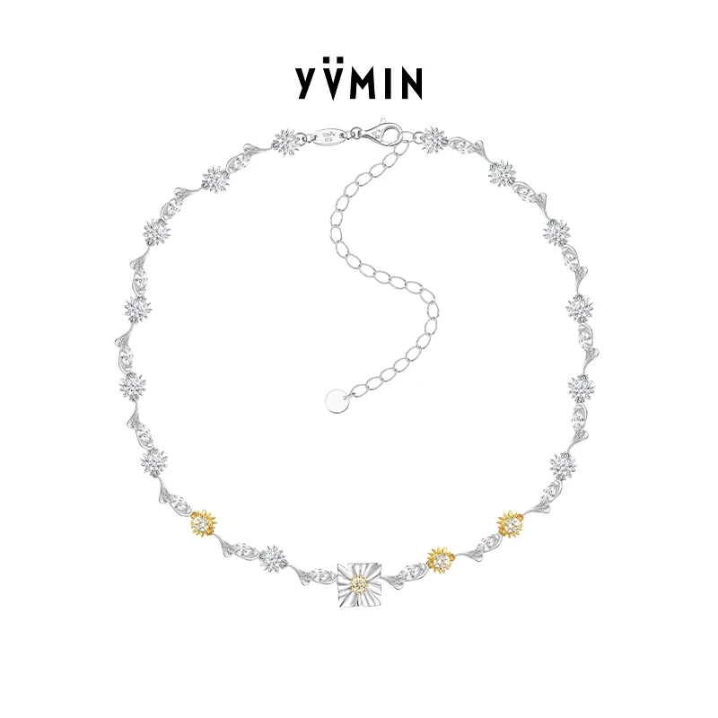 链子925银合成锆石 方花925银摇曳花枝吊坠叠戴时尚项链