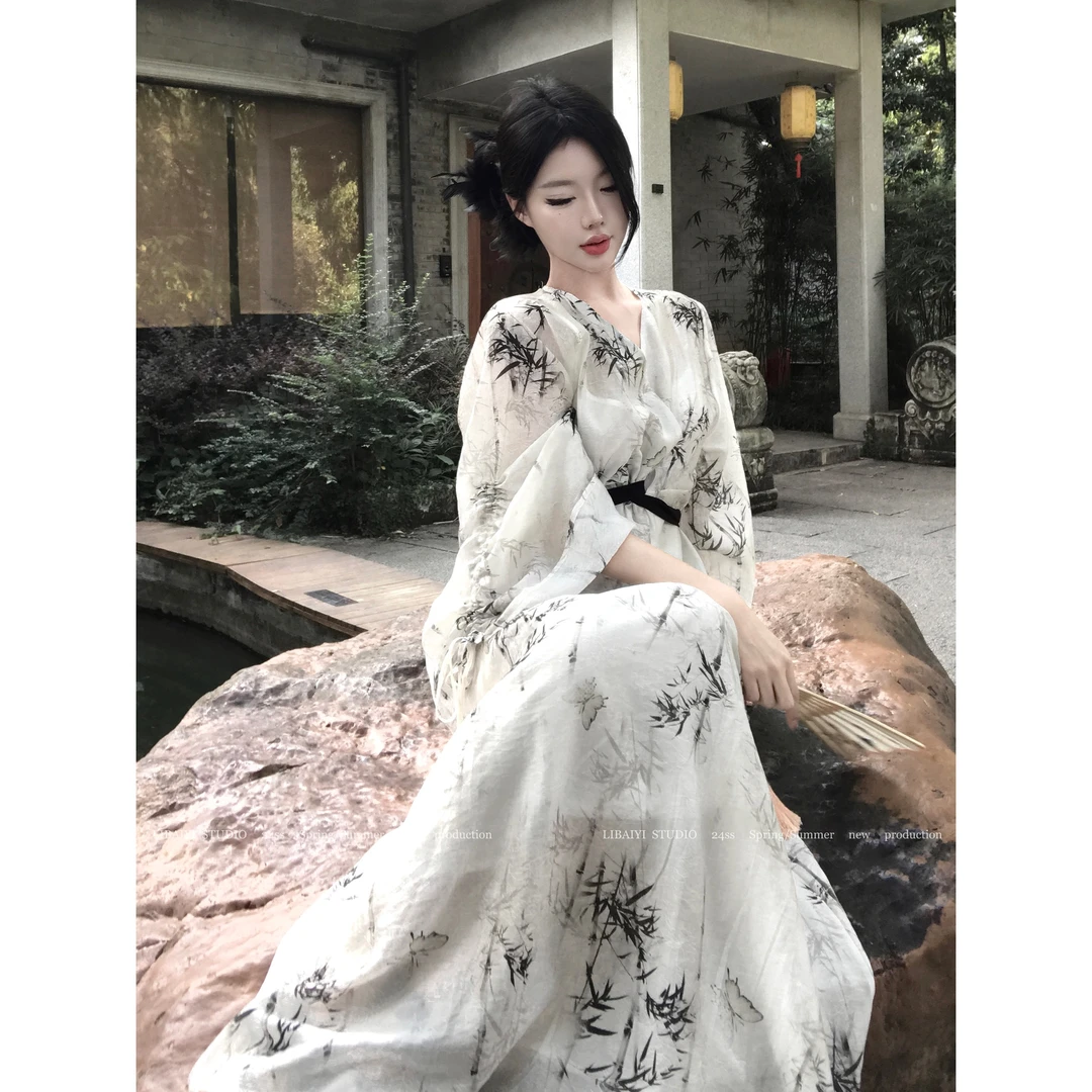 现货LIBAIYI 水墨竹叶/重工设计感国风提花印花高级感连衣裙1647
