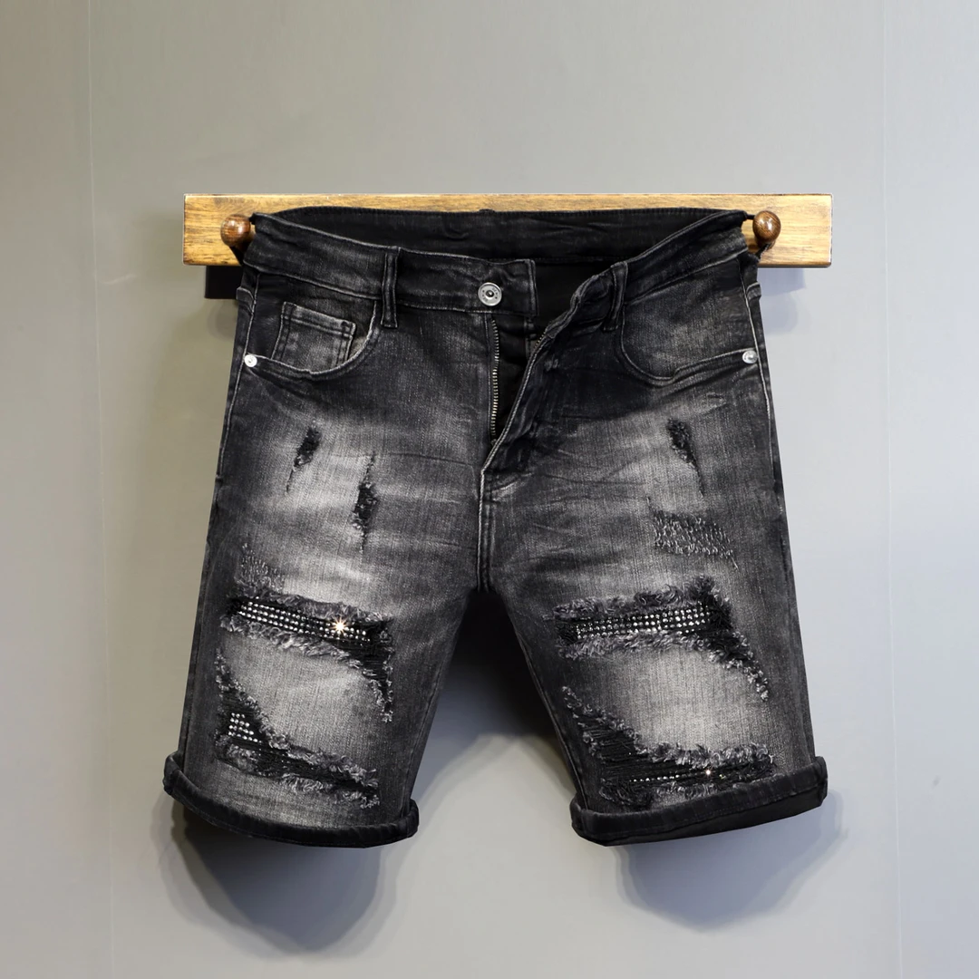烫钻牛仔短裤夏季新款男士设计感刮裂中裤高端个性破洞补丁五分裤