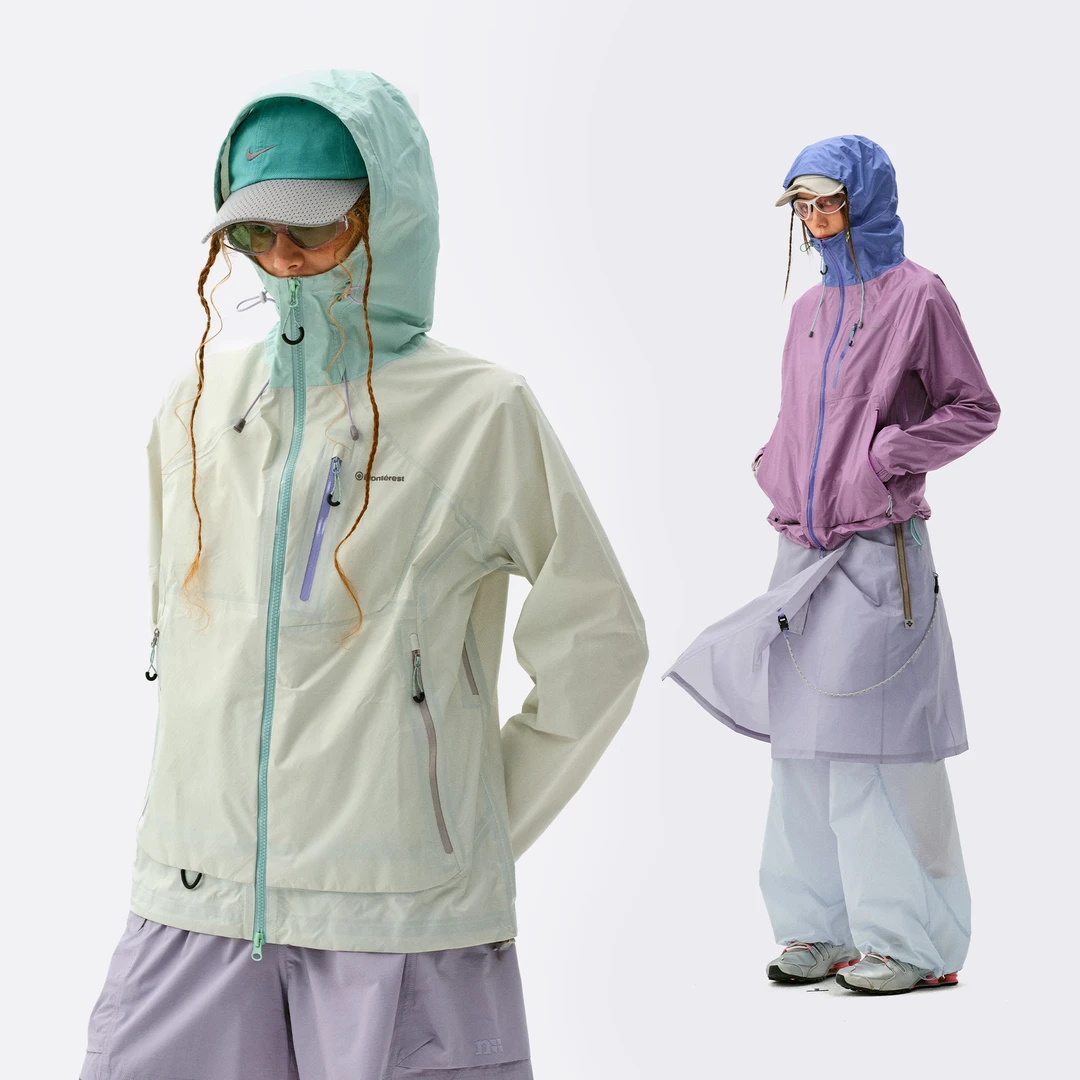 Monterest瞬时山野户外C6防泼水亮丝光泽撞色轻薄连帽夹克外套女