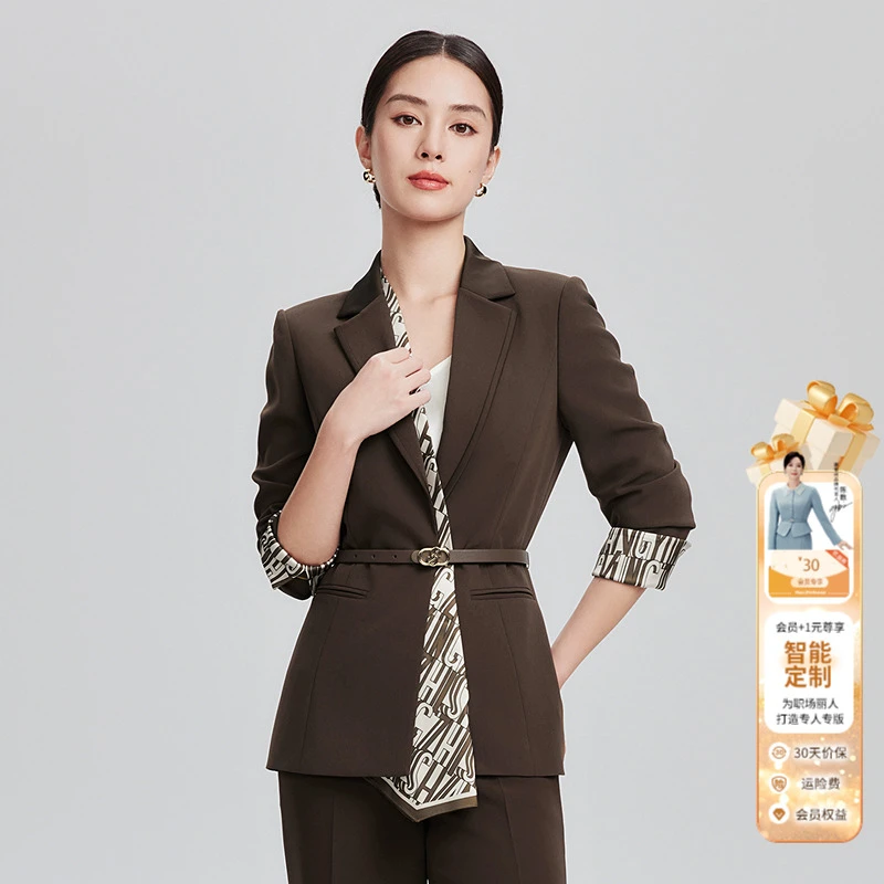 赢智尚春季轻奢新款巧克力棕X型显瘦中长款西装西服外套女ZA02029