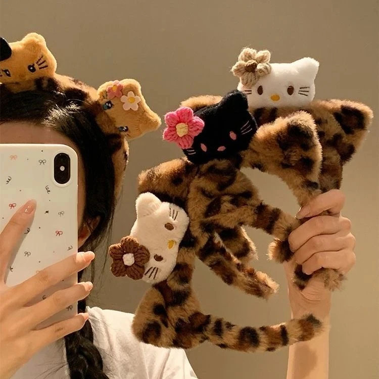 可爱猫咪酱~黑皮Kitty猫耳朵豹纹毛绒发箍女洗脸化妆头箍卡通发饰