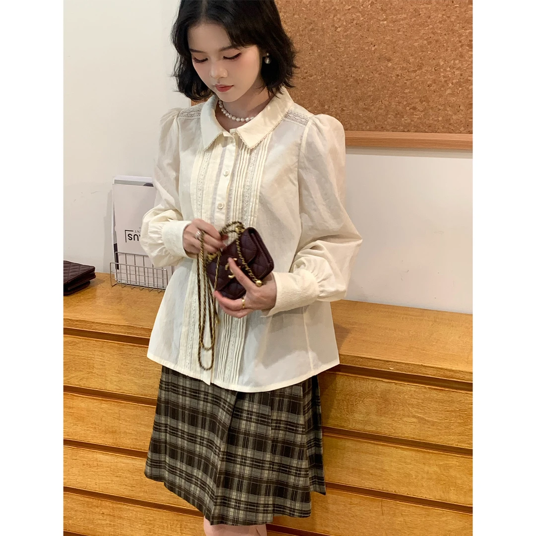 法式温柔风杏色衬衫女早春新款翻领内搭衬衣上衣67437