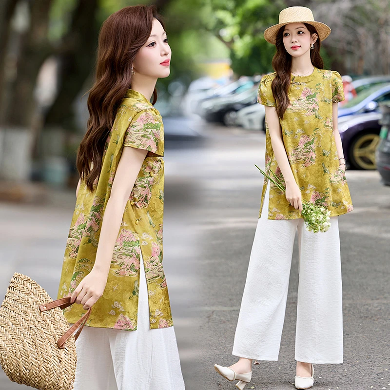 新中式气质印花短袖套装夏季复古盘扣民族风休闲洋气阔腿裤两件套