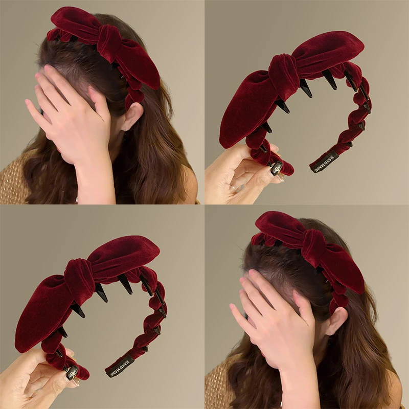 新年红色丝绒蝴蝶结发箍马年带齿防滑发捆头箍高颅顶压发洋气头饰
