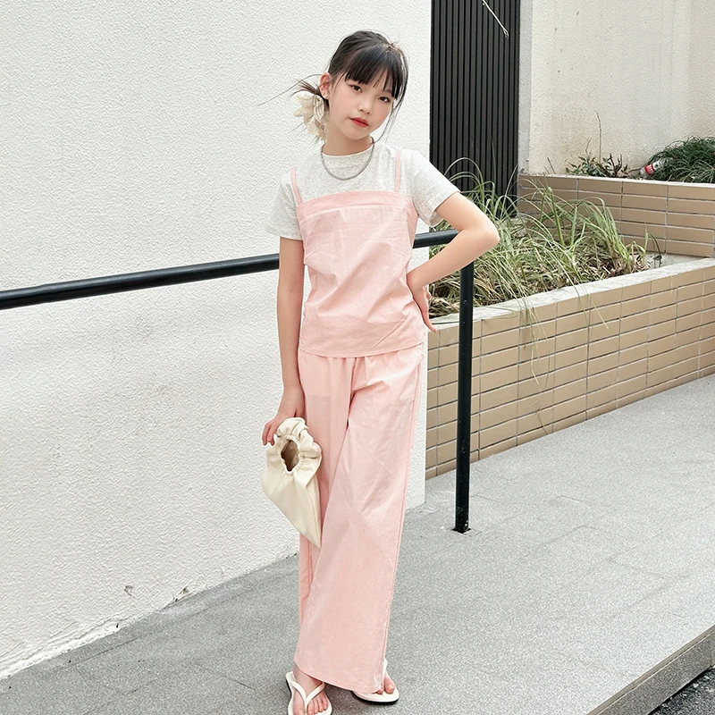 夏装女童新款洋气吊带假两件短袖直筒阔腿裤两件套时尚韩版
