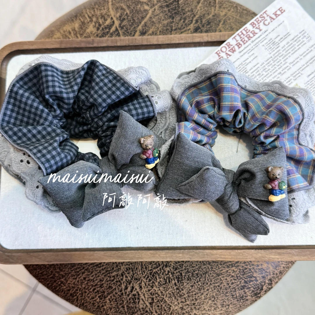 【阿敲】A2422~韩系复古灰色格子蝴蝶结蕾丝大肠发圈女-麦穗头饰