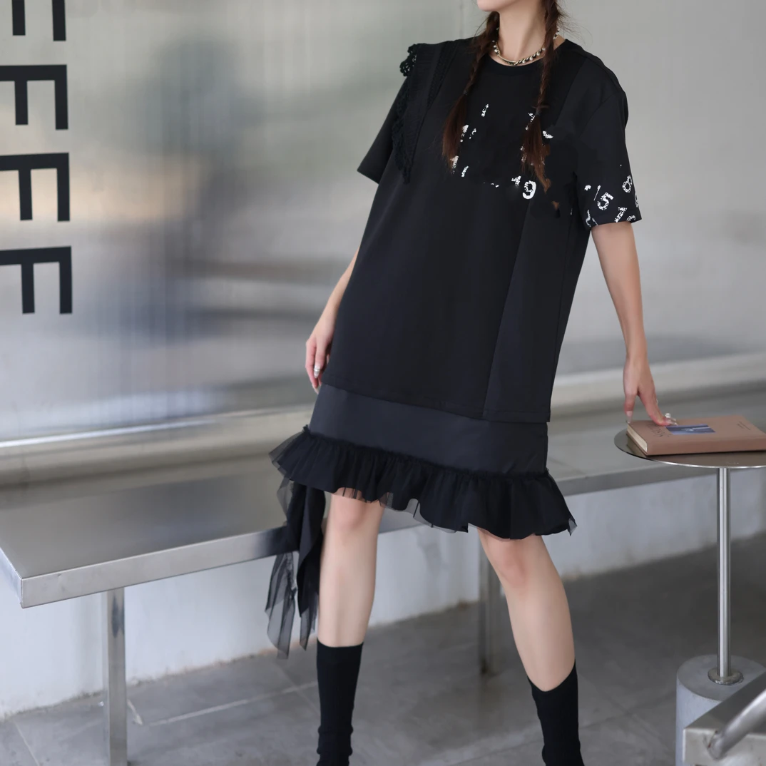 【BAI】新款圆领网纱拼接气质百搭简约连衣裙0097