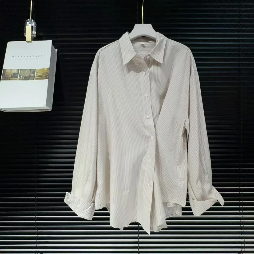 M胸120长72宽松长袖翻领大版百搭条纹设计感衬衫上衣 9834