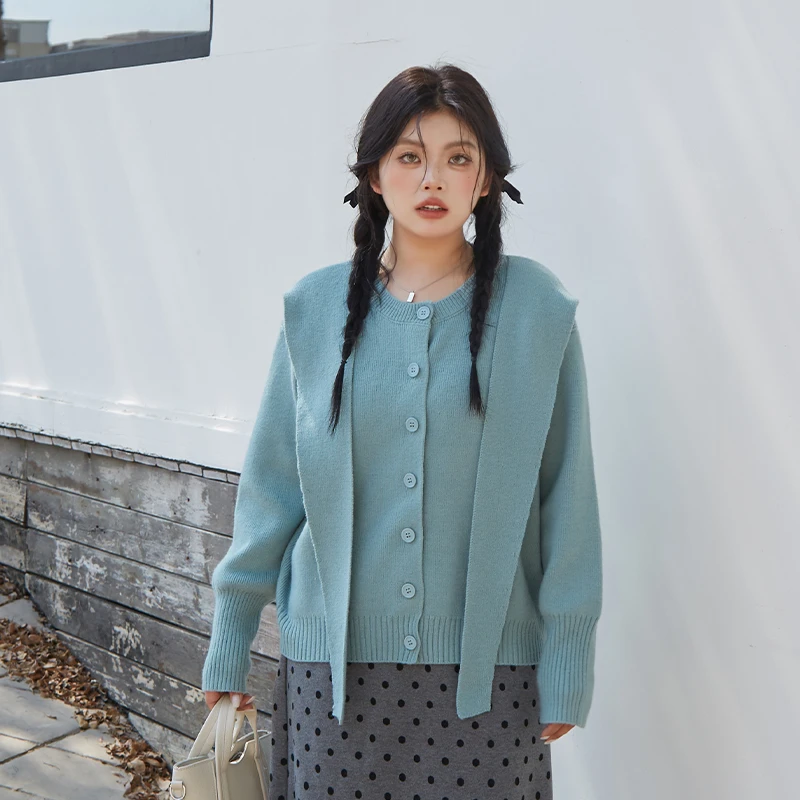 【C】蓝色圆领长袖针织女上衣秋冬慵懒风宽松毛衣 3805