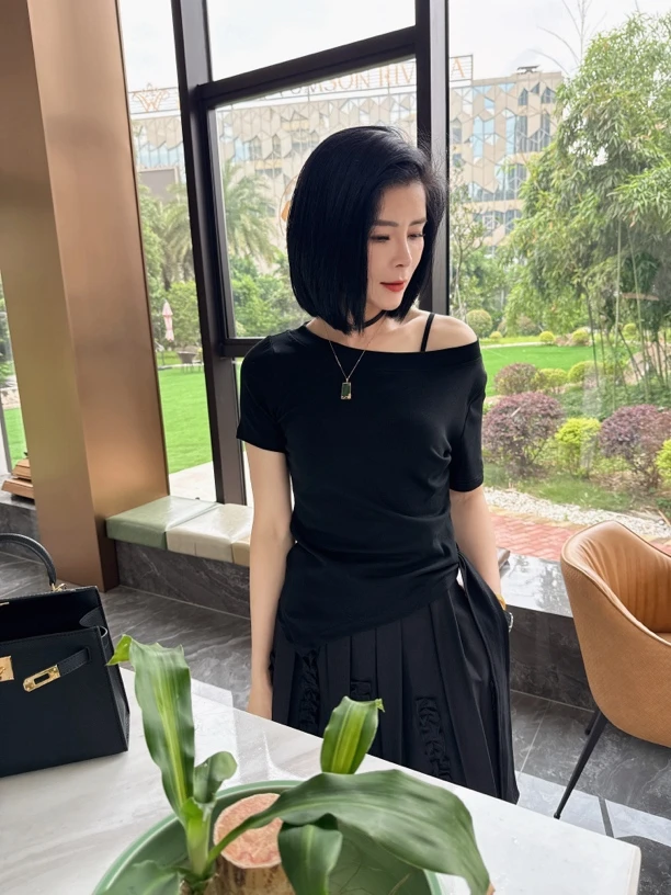 【娟子】夏季新款露肩短袖T恤设计感小众收腰显瘦上衣