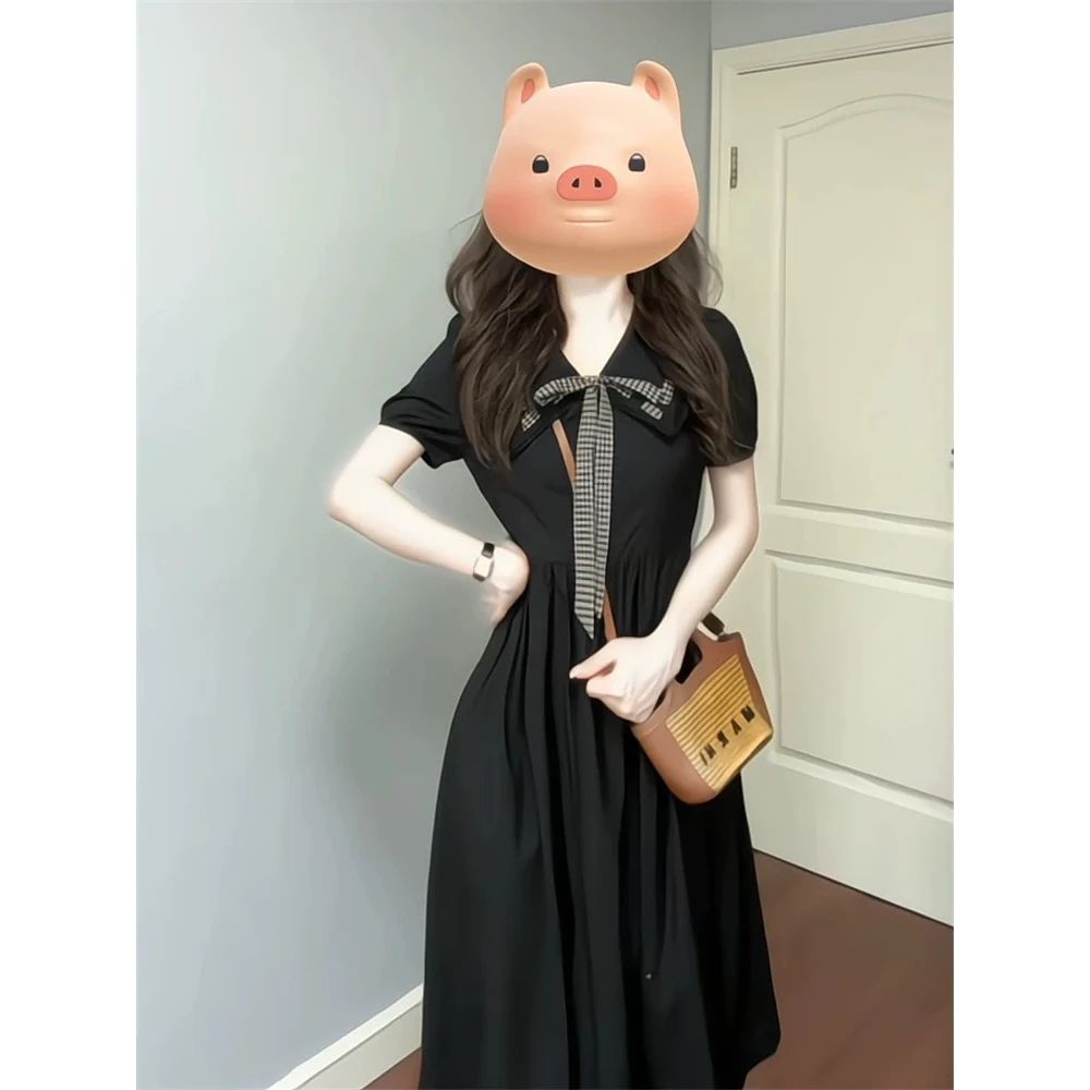 胖MM大码法式黑色翻领短袖连衣裙女夏季巨显瘦裙子