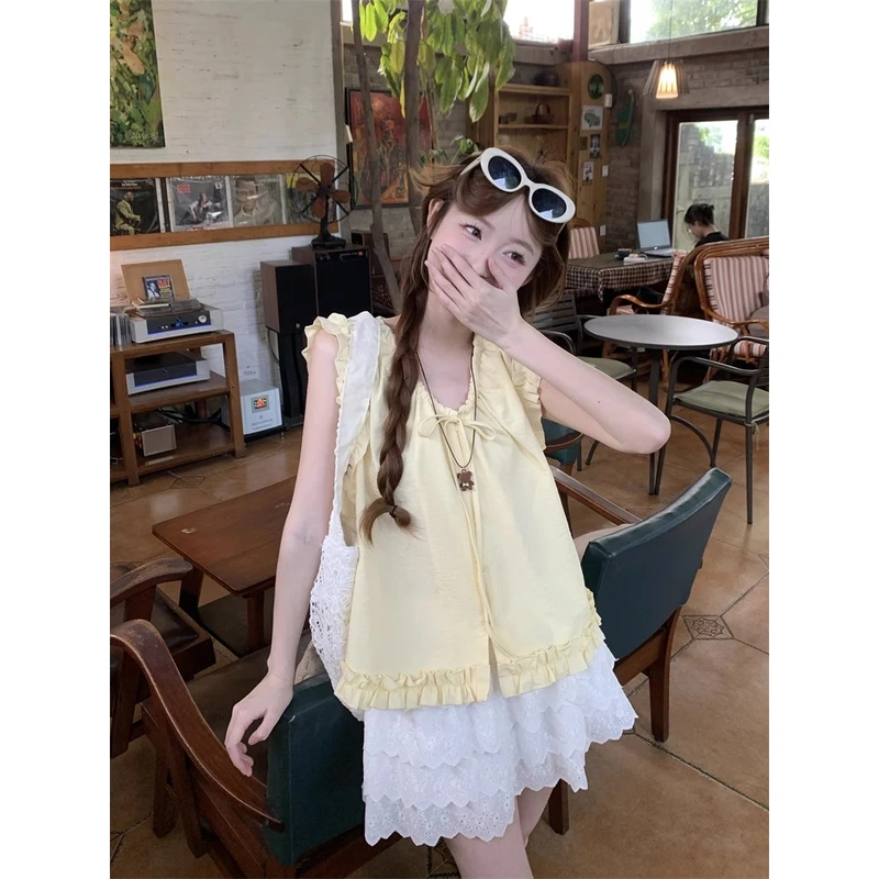 韩系甜美减龄木耳边V领系带无袖衬衫女夏季百搭小众上衣